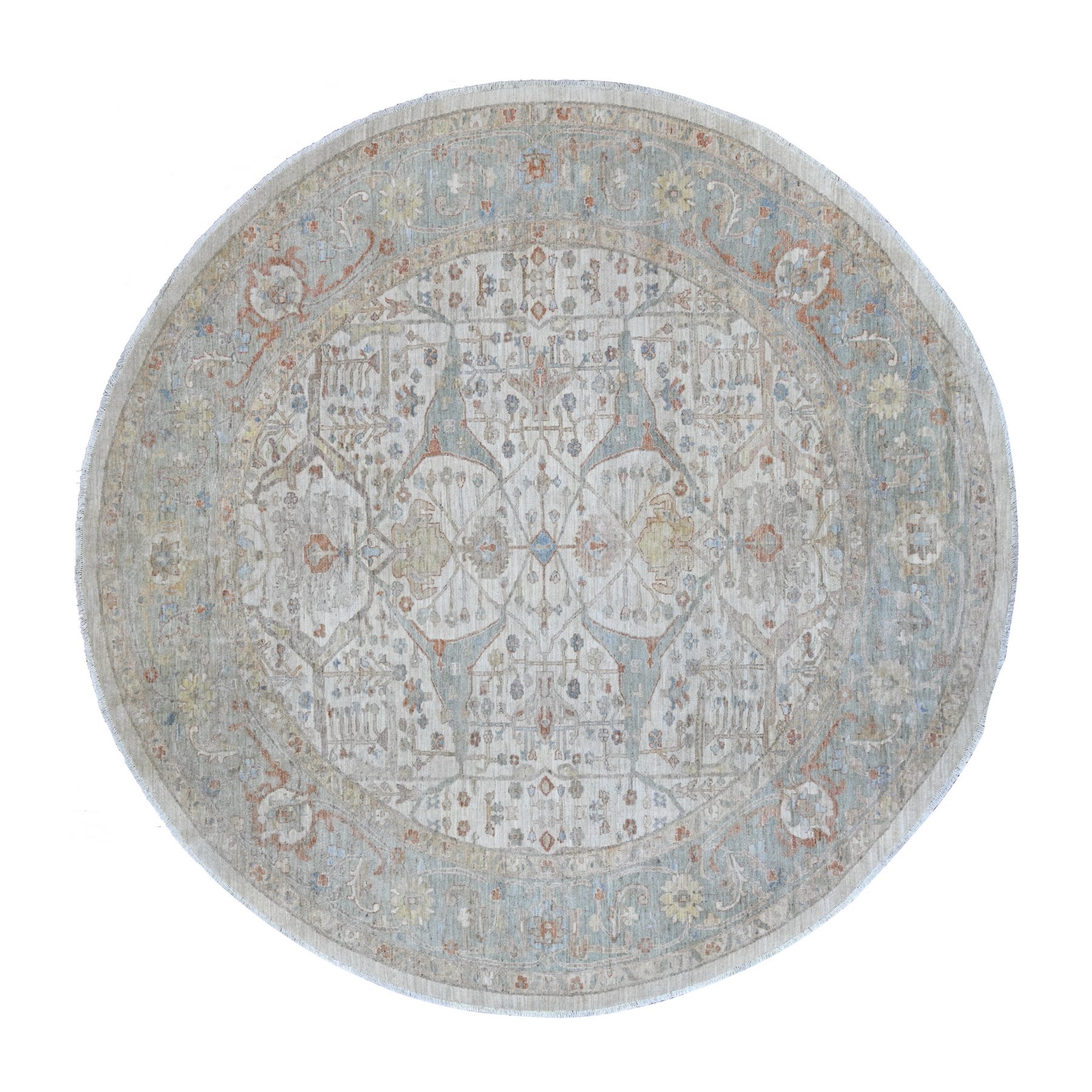 10'x10' Alabaster White, Peshawar with Bijar Garus Design, Hand Knotted, High Mountain Wool, Densely Woven, Round, Oriental Rug 